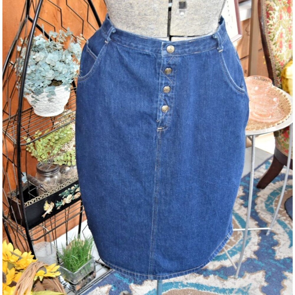 Vintage 1980s Carriage Court Denim Skirt Button Front High Waist Blue Jean Sz M